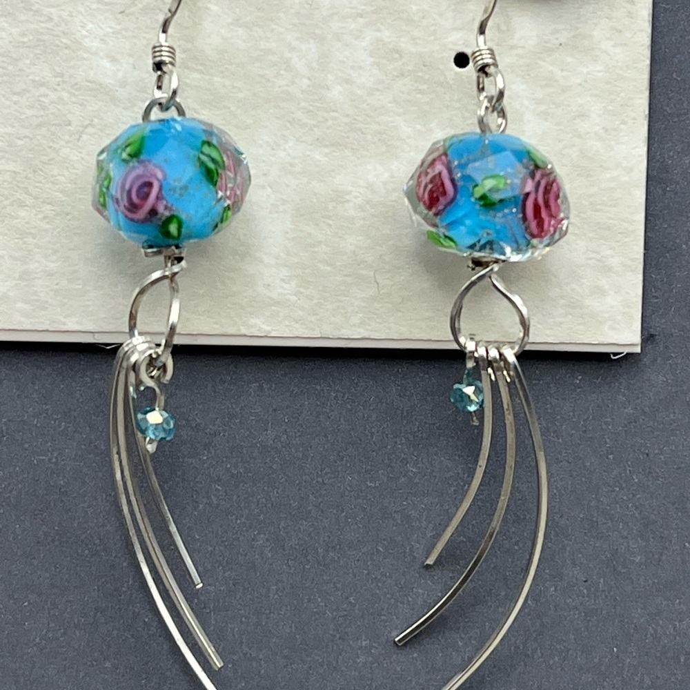 Elegant Blue Fused Glass and Sterling Silver Handmade Floral Earrings